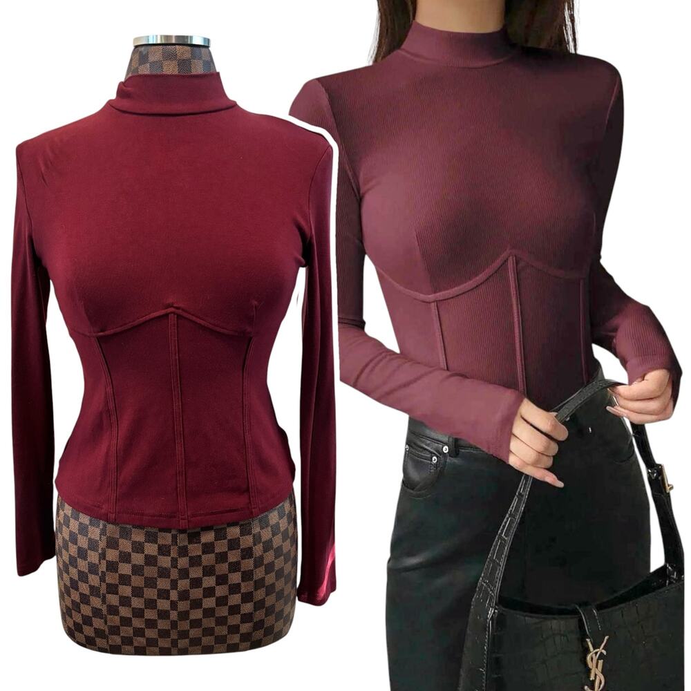 Commense Burgundy Corset-Style Knit Top Large High Neck Long Sleeve Shirt Goth